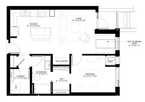 Floor plan for 1 bed, 1 bath, 832 sqft
